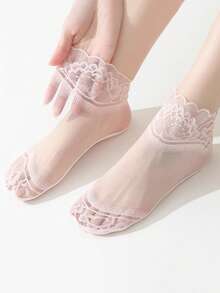 1/5/10 Đôi tất nữ mùa hè viền ren Lolita, ren hoa mỏng, rỗng, chống trượt, trong suốt, kiểu thuyền, mềm mại - Nhiều màu - Xem 6