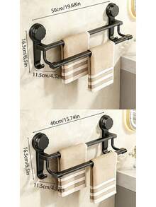 1Pc No Drill Suction Cup Double Towel Bar, 2-Tier Black Carbon Steel Plastic Bathroom Towel Rack With Hooks, Easy To Install & Remove, Multifunctional Organizer For Towels, Slippers, Utensils, Ideal For Bathroom, Kitchen, Balcony, - Multicolor - View 3