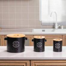 3pcs Potato & Onion Storage Containers With Handles, Garlic & Potato Storage Box Set, Wooden Lid Metal Cans, Kitchen Supplies - Multicolor - View 8