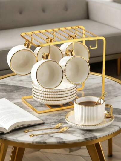 6pcs/Set Luxury Gold-Rimmed Ceramic Tea Set, Includes Coffee Cups And Saucers, Dishwasher . Suitable For Home Kitchen, Tabletop Decor, Afternoon Tea, Coffee Drinking, Personalized Gifts, Kitchen Accessories, Festival, Parties, Birthdays, Weddings And Dinners. Valentine's Day Gift For Him, Valentine's Day Gift (Excluding The Iron Rack Shown In The Image)