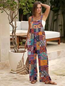 Bohemian Women's Loose Floral Bib Overall Jumpsuit With Pockets Patchwork Wide Leg Adjustable Strap Beach Vacation Outfits Summer - 橘色 - 查看 1