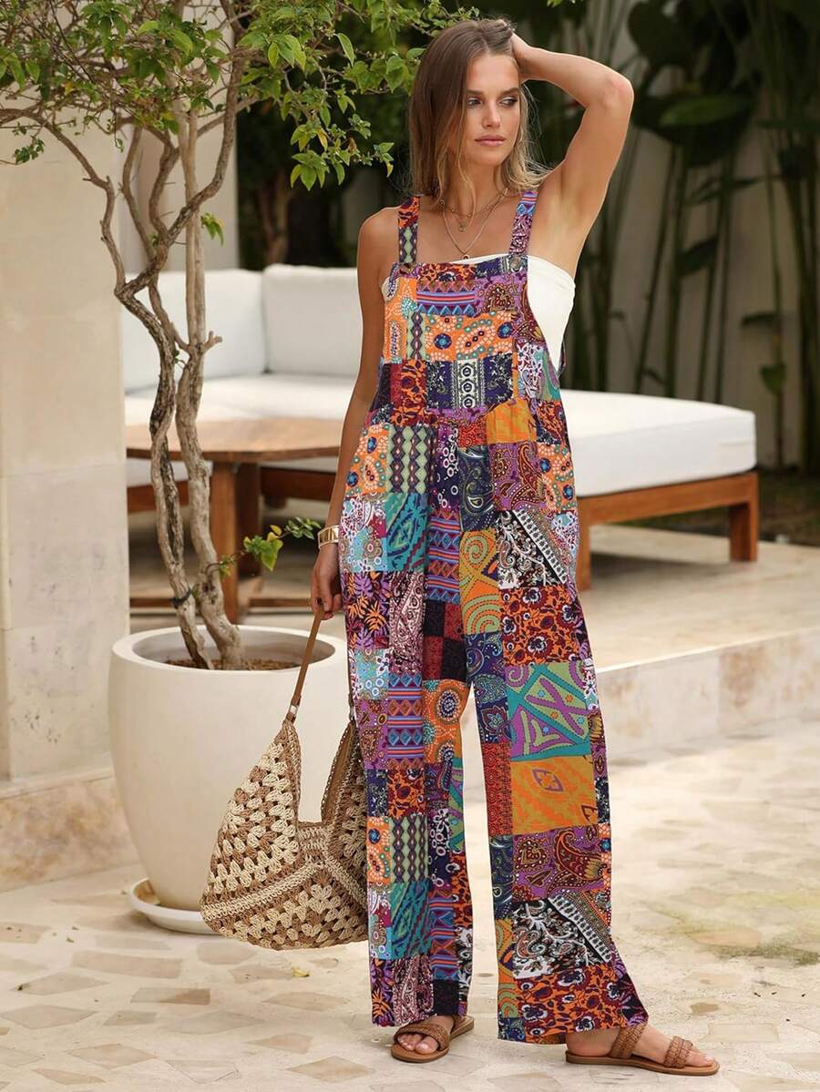Bohemian Women's Loose Floral Bib Overall Jumpsuit With Pockets Patchwork Wide Leg Adjustable Strap Beach Vacation Outfits Summer - 橘色 - 查看 1