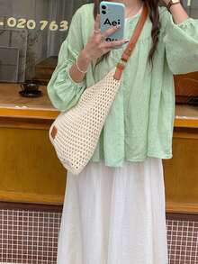 2025 New Hollow Out One Shoulder Woven Beach Bag, Large Capacity Commuter Tote Bag For Vacation - Beige - View 3