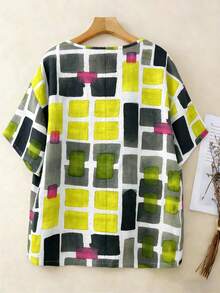 Bohemian Style Casual Plus Size Women's Round Neck Short Sleeve T-Shirt, Multicolor Patchwork, Random Print Design, Suitable For Spring And Summer - Green - View 7