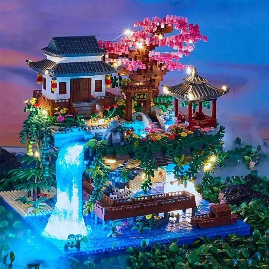 2000+Pcs Micro Particle Building Blocks Peach Blossom Pond Chinese Traditional Pavilion Waterfall Scene Micro Building Block Set, Adult High Difficulty Assembly Building Blocks, Home Decor Gift, Birthday Gift, Holiday Gift, Halloween Gift, Christmas Gift