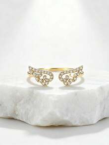 1pc Angel Wing Cubic Zirconia Inlaid Open Ring, Fashion Jewelry For Women - Hollowed-out Wings - Golden Yellow - View 2