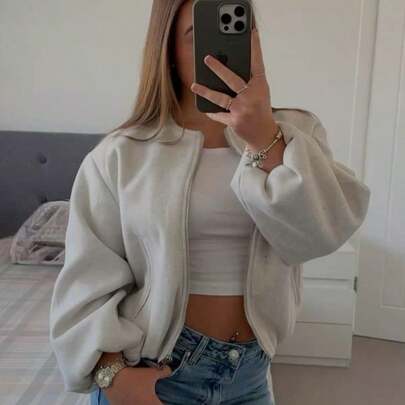 Chaqueta corta con cremallera de unicolor para mujer, chaqueta corta con cremallera de unicolor de manga larga abullonada para uso diario con bolsillos, chaqueta de manga larga con cremallera suave, chaqueta casual de longitud completa de manga primaveral para mujer