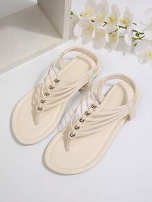 经典、舒适、时尚的女士平底人字拖、凉鞋 - 米色 - 查看 3