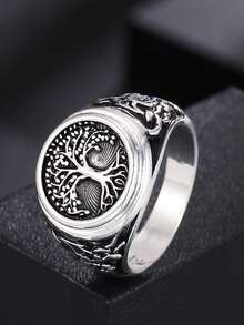 1 pieza Anillo con diseño de árbol de la vida estilo punk rock, regalo de joyería de moda para hombres - Plateado - Ver 4
