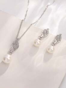 3件套简约日常玻璃珍珠耳钉项链套装，通勤百搭 - 白色 - 查看 9