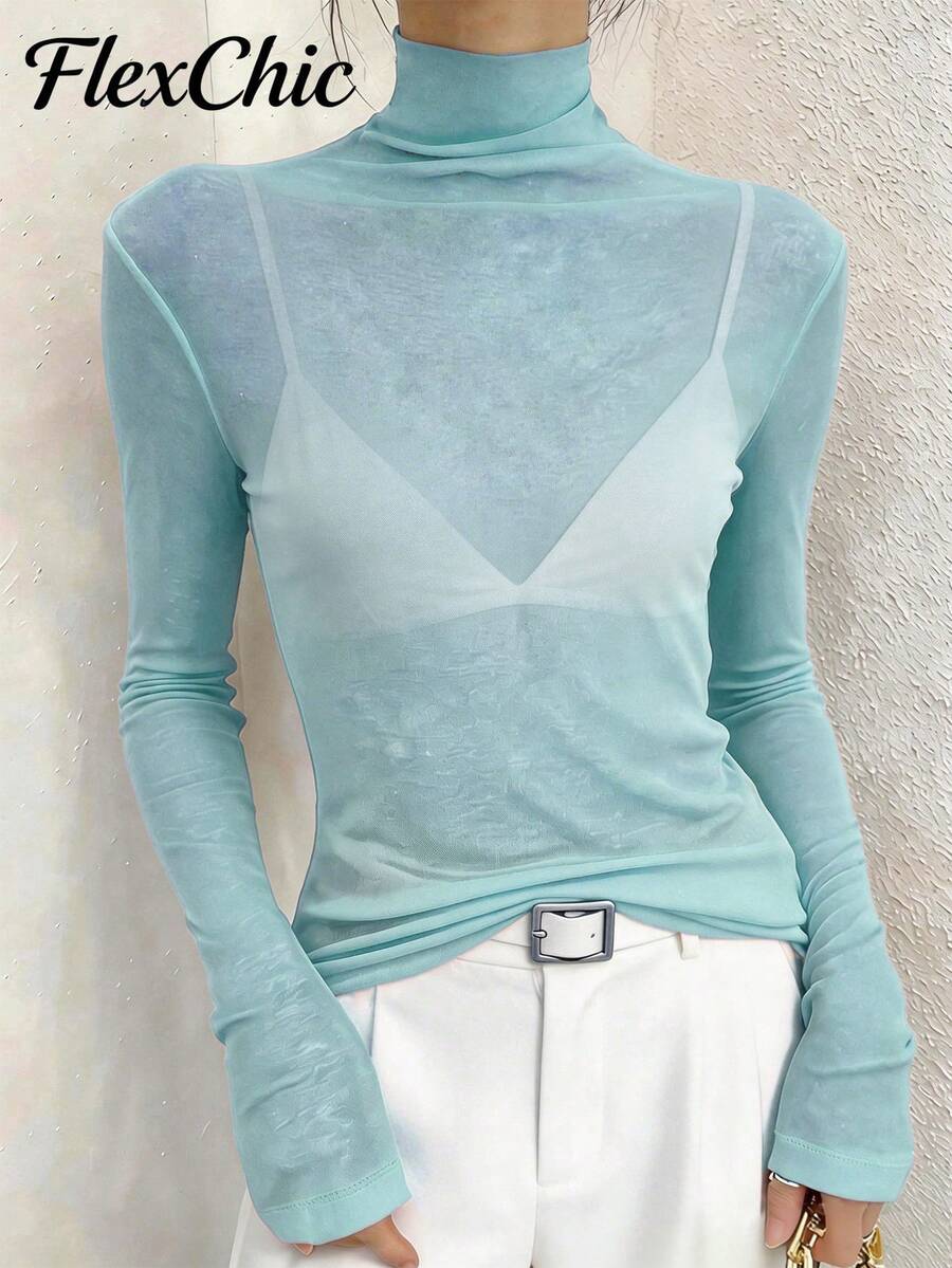 Áo lót nữ cổ cao màu đen mới FLEXCHIC, áo thun dài tay mỏng nhẹ bằng vải lưới xuyên thấu, thích hợp cho mùa xuân và mùa thu.