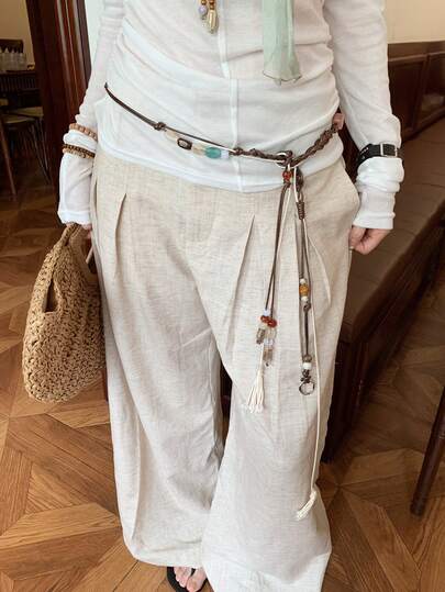 1件咖啡色涤纶复古波西米亚串珠腰绳（女款）