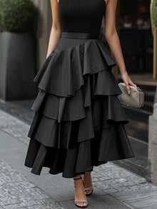 Vuslat 女士黑色不对称下摆层叠荷叶边高腰喇叭长裙，适合晚宴、婚礼宾客、情人节、夏季、狂欢节、海滩装扮、派对、外出上衣、女士节日狂欢装扮 - 黑色 - 查看 7