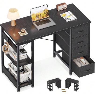 40 Inch Small Computer Desk With 4 Fabric Drawers, Modern Writing PC Desk For Small Spaces, Study & Home Office Desk With Storage Shelves, Black