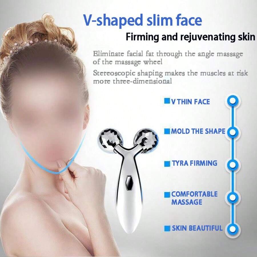 1 chiếc máy lăn massage mặt 3D cầm tay, nâng cơ mặt, làm thon gọn cằm đôi, tạo đường nét V-line, máy massage mặt săn chắc, xoay 360° giúp thư giãn mặt và cổ, màu bạc.