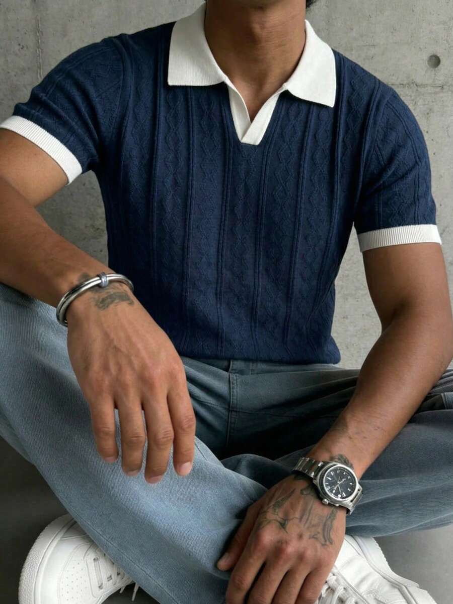 GRDR Men's Lightweight Seagull Collar Solid Color Short Sleeve Knit Sweater, Suitable For Summer Outings, Essential For Fashionable Styling - Navy Blue - View 1