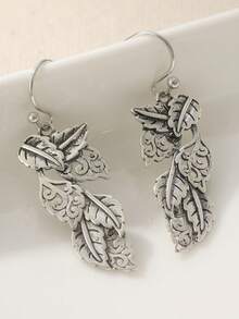 1 Pair Handcrafted Leaf Design Hollow Earrings, Vintage Fashion Style, Suitable For Women To Wear On Holidays And Festivals, A Perfect Gift For Her - Silver - View 7