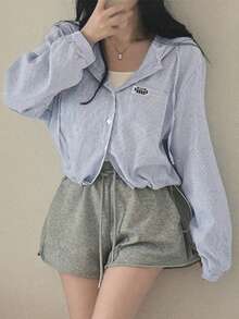 Áo sơ mi kẻ sọc cài nút thời trang xuân/thu 2025 đa năng ngọt ngào - Màu xanh lam - Xem 3