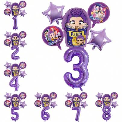 Authorized Witch Hunter Kids Birthday Party Music Festival Balloon Decoration Set, Cartoon Purple Cool Girl K-POP Theme Birthday Party Decoration Balloons, Includes Purple Pentagram And Number Balloons, Suitable For Baby Christening Cake Table Party Decoration Toys Balloons