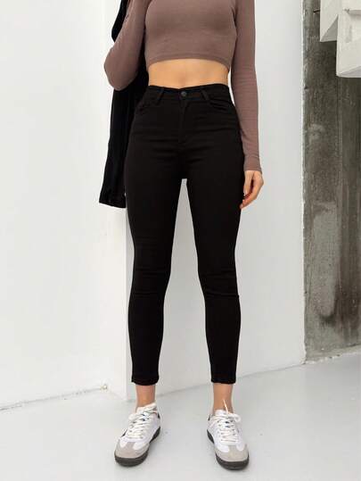 Pantaloni di lino da donna vita alta elasticizzata, gamba slim, colore tinta unita casual, con chiusura lampo, bottone e tasche