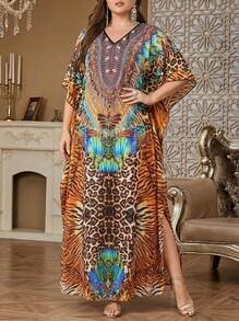 Solessence Váy Kaftan dài họa tiết toàn thân cỡ lớn Ramadan, Váy tay cánh dơi cổ chữ V thanh lịch, Quần áo cỡ lớn cho phụ nữ - Nhiều màu - Xem 1