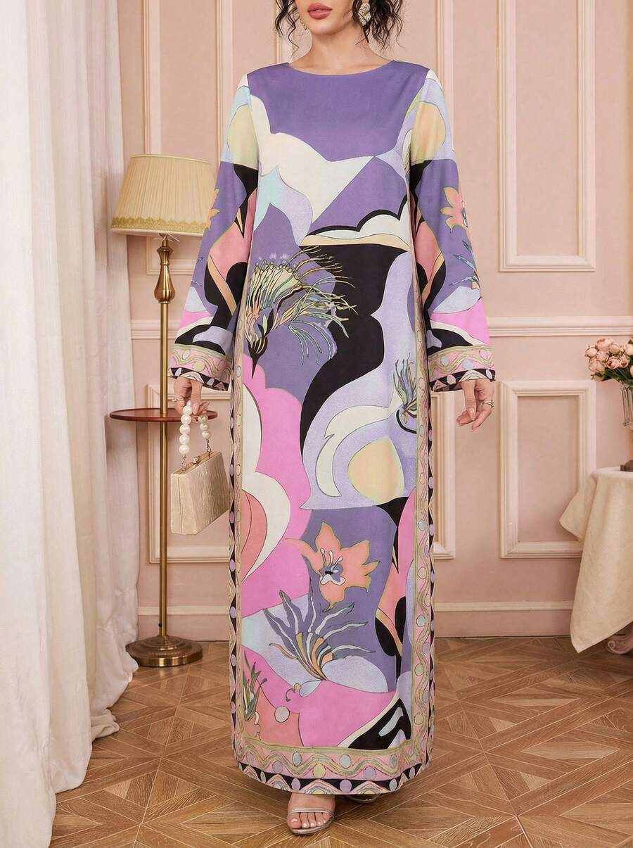 Bata de mujer de estilo elegante y casual, de cuello redondo, manga larga y corte holgado, con estilo de vacaciones, vestido largo árabe tradicional, vestido estilo bata larga, vestido de gala formal