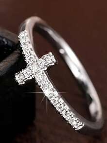 Anillo de lujo minimalista con diseño de cruz, chapado en oro con piedra de circonita, anillo de moda para el dedo - Bronce - Ver 2