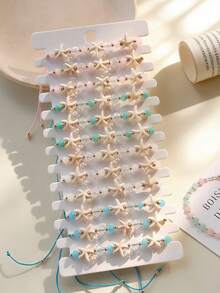 12pcs/Set New Fresh Ocean Style Starfish Beaded Adjustable Bracelet Set - Boho Pink And Blue Layered Bracelets With Transparent Crystal Beads, Matte Jade Beads And Resin Starfish Pendants, Drawstring Adjustable For Summer Beach Vacation, Music Festival, Pool Party, Casual Wear, Nickel-Free Gift - Multicolor - View 10