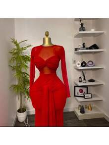 Women's Clothing 2026 Early Spring New Solid Color Long-Sleeved Round-Neck Chest Wrap Tight Temperament Long Dress - 紅色 - 查看 4