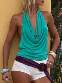 Women Studded Halter Tank Top Cowl Neck Backless Slim Fit Sleeveless Summer Party Clubwear Vest - 湖藍色 - 查看 3