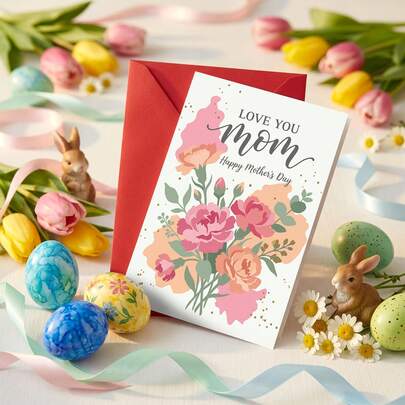 1 Pc Love You Mom Floral Greeting Card, Happy Mother's Day Card With Envelope, Elegant Pink Flower Design Card For Mother, Grandma, Stepmom, Perfect For Mother's Day Celebration, Birthday, Thanksgiving, Appreciation Gift, Thoughtful Handwritten Note Card For Family Gatherings And Special Occasions