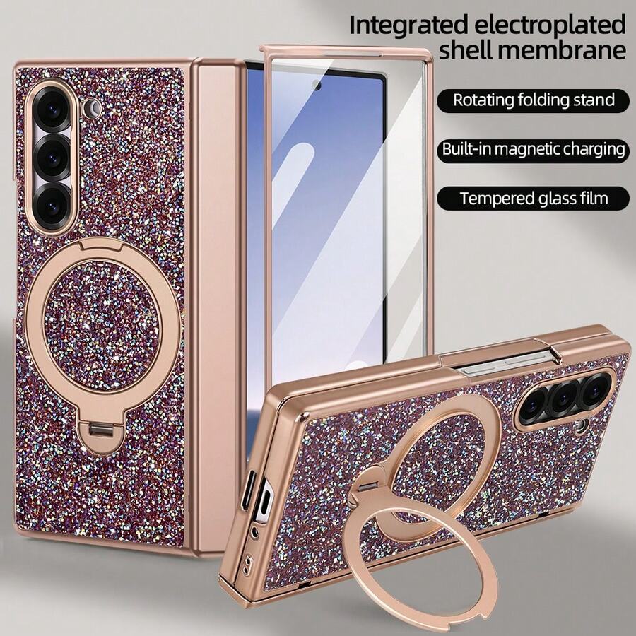 VIETAO Sequins,Diamond Fashion High Quality Blingbling Sparkling Electroplated Hidden Circular Bracket Mobile Phone Case Compatible With Samsung Galaxy Z Fold 7 6 Hinged Full-Cover Protection Phone Cover With Tempered Glass Screen Protector - Purple - View 1