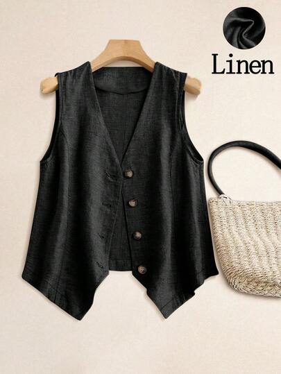 Chaleco de lino casual para mujer, estilo corto para primavera y vacaciones de verano