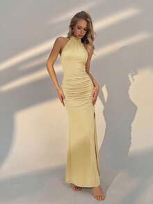 Đầm maxi màu vàng thanh lịch tối giản dành cho nữ - Xẻ tà bên, thắt nơ cổ, phù hợp cho khách dự đám cưới, kỳ nghỉ biển, kỳ nghỉ hè, đi chơi thường ngày và mặc hàng ngày theo phong cách tối giản mùa xuân/hè. - Màu vàng - Xem 2