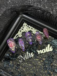 10pcs Handmade Fully Covered Almond Nails Press On Nails, Purple Nails, 3D Rhinestone&Liquid Metal&Swirl Decor, Y2K Cyberpunk Cool Style, Detachable And Reusabl, Gothic False Nails For Party & Daily Wear, With Jelly Glue And Nail File - Purple - View 4