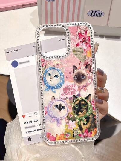 1pc Minimalist Cute Oil Painting Cat & Flower Pattern Rhinestone Full Coverage Transparent TPU Anti-Fingerprint Phone Case Compatible With IPhone 16 ProMax/16/16E/16 Pro/16 Plus/11/15/15 Pro/15 ProMax/12/13/14 ProMax/XS/XR/11 Pro/11 ProMax/12 Pro/12 ProMax/13 Pro/13 ProMax/7 Plus/14 Pro/14 ProMax/14 Plus, Soft Case