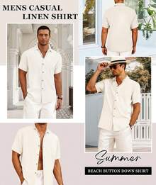Linen Blend Shirts For Men Casual Short Sleeve Button Down Shirt Cool Summer Beach Wedding Vacation Tops - trắng - Xem 3