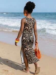 Vestido ajustado con tirantes de espagueti y abertura con estampado de leopardo para niñas, adecuado para uso casual, playa y vacaciones - Multicolor - Ver 4