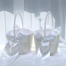 White Cute Pearl Handle Bow Satin Flower Girl Basket, Suitable For Wedding Ceremony - Flower Basket - View 1
