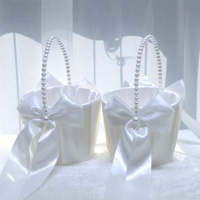 White Cute Pearl Handle Bow Satin Flower Girl Basket, Suitable For Wedding Ceremony