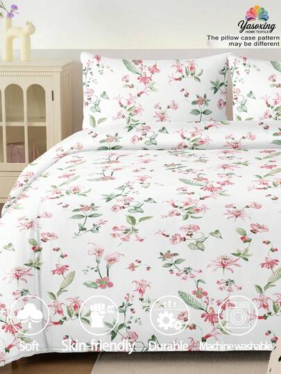 2/3pcs/Set Botanical Pink Flower Pattern Duvet Cover Bedding Set, Soft Breatheable Wrink-Free Better For Sleep, Luxury Hotel Style, Gift For Mom Dad Friend, Reversible Two Tone Quilt Comforter Duvet Cover*1 Pillowcase*1/2 King Queen Full Twin Size