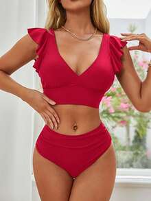 Set bikini a volant con scollo a V, tinta unita, per l'estate - Rosso - Visualizzare 1