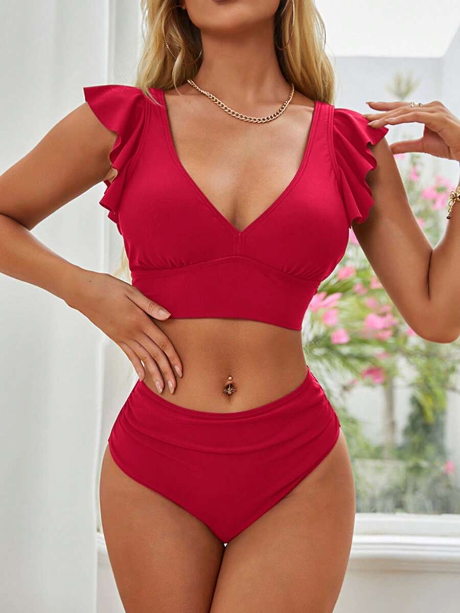 Set bikini a volant con scollo a V, tinta unita, per l'estate - Rosso - Visualizzare 1