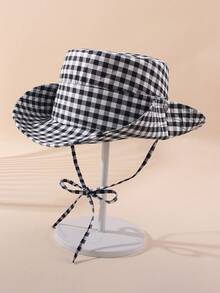 1pc Adjustable Black & White Plaid Denim Baseball Cap, Casual Beachwear For Teenagers - 1PC - View 3