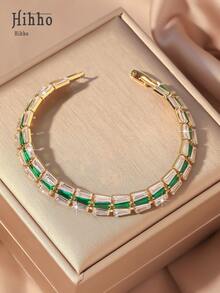 Hihho 1 pieza Elegante pulsera de tenis con brillo, diseño de cadena cuadrada y trapezoidal, pulsera de con circonita incrustada, adecuada para niñas, regalo para vacaciones, boda, compromiso, fiesta de aniversario - Pulsera de tenis - Ver 4