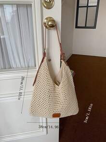 2025 New Hollow Out One Shoulder Woven Beach Bag, Large Capacity Commuter Tote Bag For Vacation - Beige - View 7