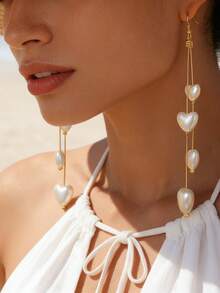 1 Pair Women's Romantic Heart & Faux Pearl Earrings, European And American Style Long Tassel Earrings, Unique Ear Clips - Yellow Gold - View 5