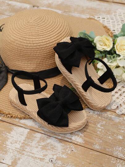 1 Pair Plus Size Black Toddler/Little Girls' Flat Sandals, Solid Fabric Strap With Bow Decor, Elastic Back, Round Toe Open Toe Comfortable Cute Roman Sandals, Suitable For 3-15 Years Old Girls, Daily, Travel, Vacation, Summer
