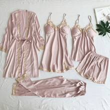 Five Piece Set Of Fashionable Multi Colored Optional Satin Contrasting Lace Straps With Waist Cinching Comfort, Suitable For Women To Wear As Outerwear For Home Wear - 酒紅色 - 查看 6