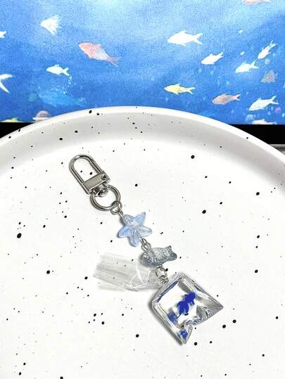 可爱海洋蓝1件海洋蓝鱼包可爱手机挂绳吊坠钥匙扣海星CCD挂链配饰金鱼生日礼物派对春季